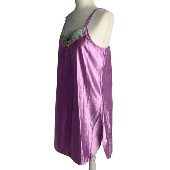 Vintage 80s Silky Nightgown L Purple Floral Spaghetti Straps V Neck Round Hem - Picture 3 of 6